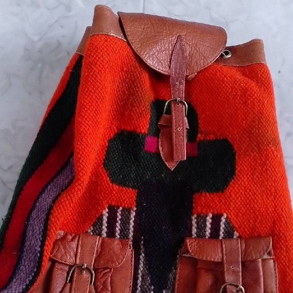 Vintage Peru Andean Hippie Boho Festival Wool Blanket Pockets Bag Backpack Rucks - Picture 3 of 6